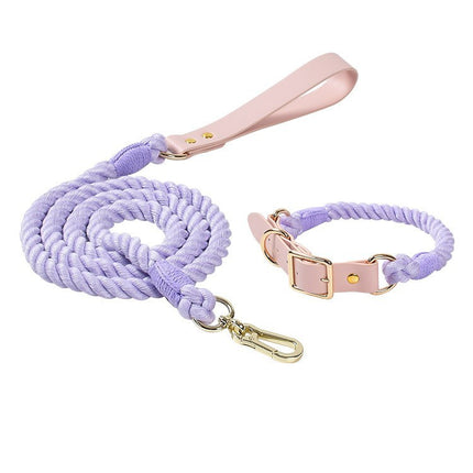 Purple Hand-Woven Rainbow Cotton Rope Dog Leash and Collar Set - Adjustable Veg-Tanned Leather Trim with Heavy Duty Metal Hardware - 150cm Training Lead and S Size Collar