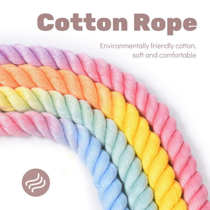 Rose Red Hand-Woven Rainbow Cotton Rope Dog Leash and Collar Set - Adjustable Veg-Tanned Leather Trim with Heavy Duty Metal Hardware - 150cm Training Lead and M Size Collar