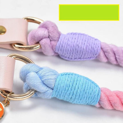Navy Blue Hand-Woven Rainbow Cotton Rope Dog Leash and Collar Set - Adjustable Veg-Tanned Leather Trim with Heavy Duty Metal Hardware - 150cm Training Lead and M Size Collar