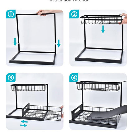 2-Tier Under Sink Organizer and Storage - Heavy Duty Metal Pull-Out Cabinet Organizer, L-Shaped Sliding Drawer Rack for Kitchen, Bathroom, and Pantry - White