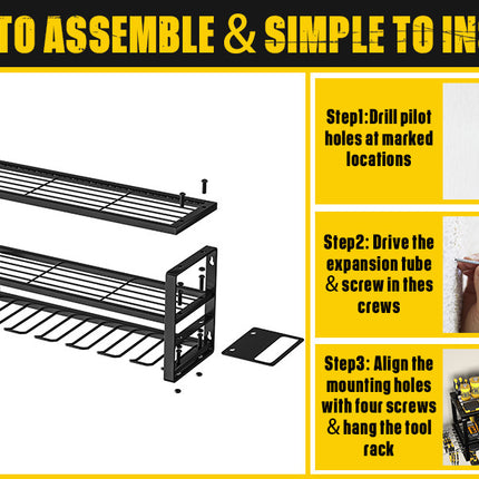 Heavy Duty Power Tool Organizer Wall Mount - 3-Tier Garage Storage Rack with Drill Holder, Screwdriver and Hammer Organizer - Extra Tall 200lbs Capacity High-Quality Steel Utility Shelf