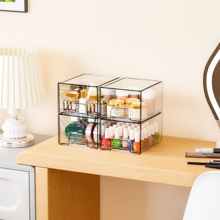 2-Pack Stackable PET Clear Makeup Organizer Drawers - Multi-Purpose Desktop Storage Case for Cosmetics, Skincare, and Office Supplies - Dustproof Vanity Organizer with Pull-Out Handles and Anti-Slip Base