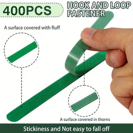 400 pcs Reusable Hook and Loop Cable Ties - 6-Inch T-Type Nylon Fastening Straps for Office Cable Management and Garden Plant Support, Interconnectable Design, Green