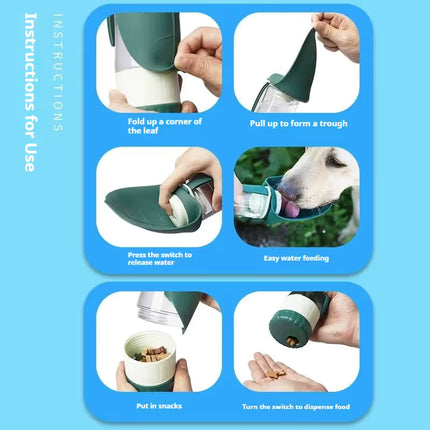 Gray 2-in-1 Portable Dog Water Bottle and Food Container - Leaf-Shaped Silicone Travel Bowl for Pets, Leak-Proof Outdoor Dispenser for Walking, Hiking and Traveling, 330ml Capacity