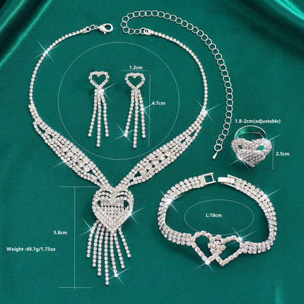 Mother's Day Jewelry Gift Set - Heart Shaped Rhinestone Necklace Earrings Bracelet and Ring - Thoughtful Present for Mum, Special Occasion Formal Wear Accessories, Elegant Gift for Her
