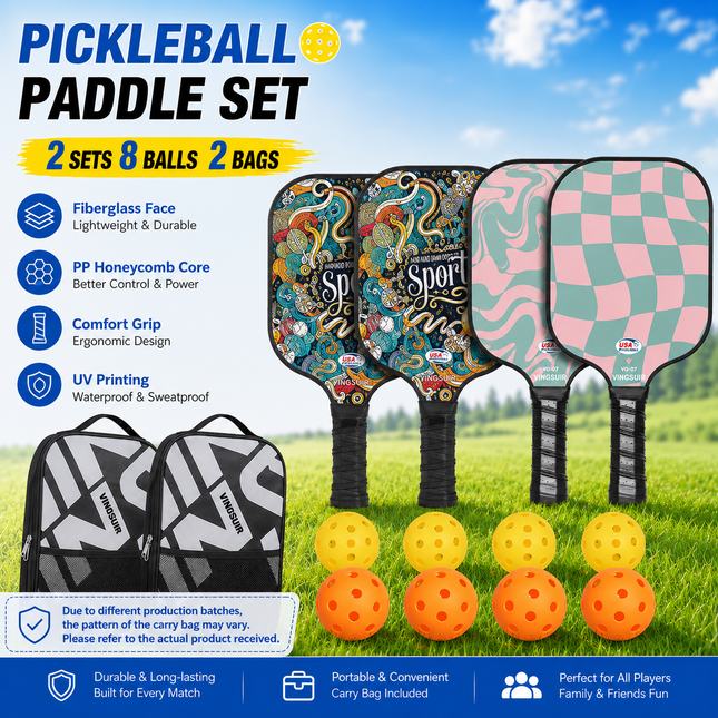 Pickleball Paddle Set with 4 Fiberglass Paddles 8 Outdoor Balls and 2 Carry V888-ELOSUNG18557