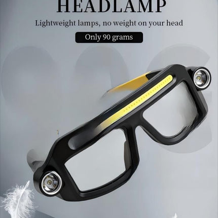 LED Glasses Light Rechargeable USB-C - Yellow Hands-Free COB and Dual XTE Headlamp, Lightweight IPX4 Wearable Work Light for Camping, Hiking, Repairs and Night Fishing