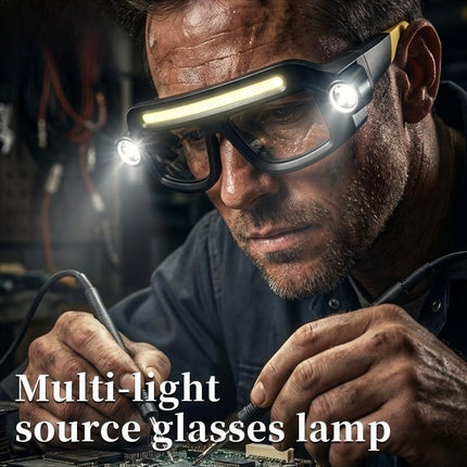 LED Glasses Light Rechargeable USB-C - Yellow Hands-Free COB and Dual XTE Headlamp, Lightweight IPX4 Wearable Work Light for Camping, Hiking, Repairs and Night Fishing