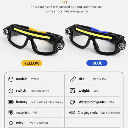 LED Glasses Light Rechargeable USB-C - Yellow Hands-Free COB and Dual XTE Headlamp, Lightweight IPX4 Wearable Work Light for Camping, Hiking, Repairs and Night Fishing