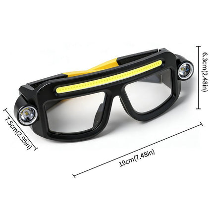 LED Glasses Light Rechargeable USB-C - Yellow Hands-Free COB and Dual XTE Headlamp, Lightweight IPX4 Wearable Work Light for Camping, Hiking, Repairs and Night Fishing