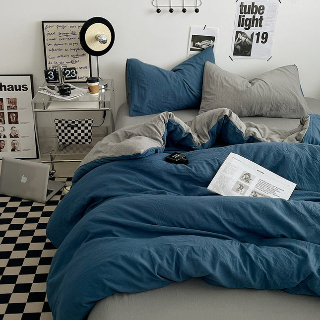 Blue-grey 1.5m Bed Fitted Sheet Set with 200x230cm Duvet Cover