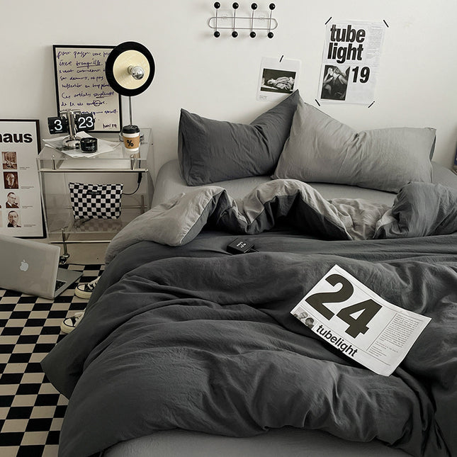Grey 1.5m Bed Fitted Sheet Set with 200x230cm Duvet Cover