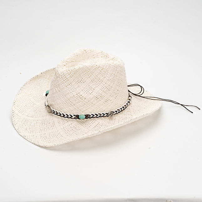 White Handmade Straw Cowboy Hat Summer Sun Hat Outdoor Sun Protection Fits Head Size 58-59cm