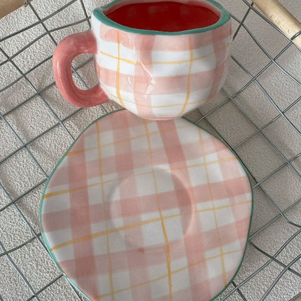 White Background Little Heart 300ML Underglaze Hand-Pinched Cup and Saucer Set - Ceramic Coffee Mug Milk Cup Breakfast Set