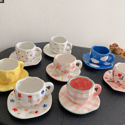 White Background Little Heart 300ML Underglaze Hand-Pinched Cup and Saucer Set - Ceramic Coffee Mug Milk Cup Breakfast Set