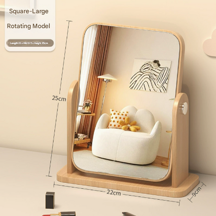 Square Rotating Mirror Tabletop Makeup Mirror - Large Wooden Swivel Vanity Mirror for Desk