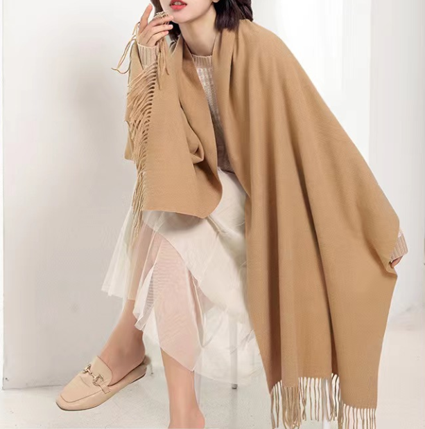 Wine Red 2 PCS Faux Cashmere Solid Color Scarf Shawl with Tassels – product detail