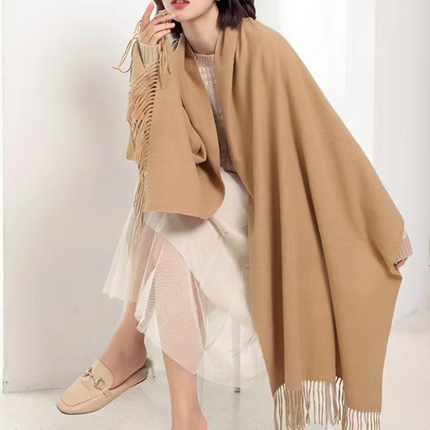 Sky Blue 2 PCS Skin Red Solid Color Scarf Shawl with Tassels - Warm Korean Style Wrap (180cm x 70cm)