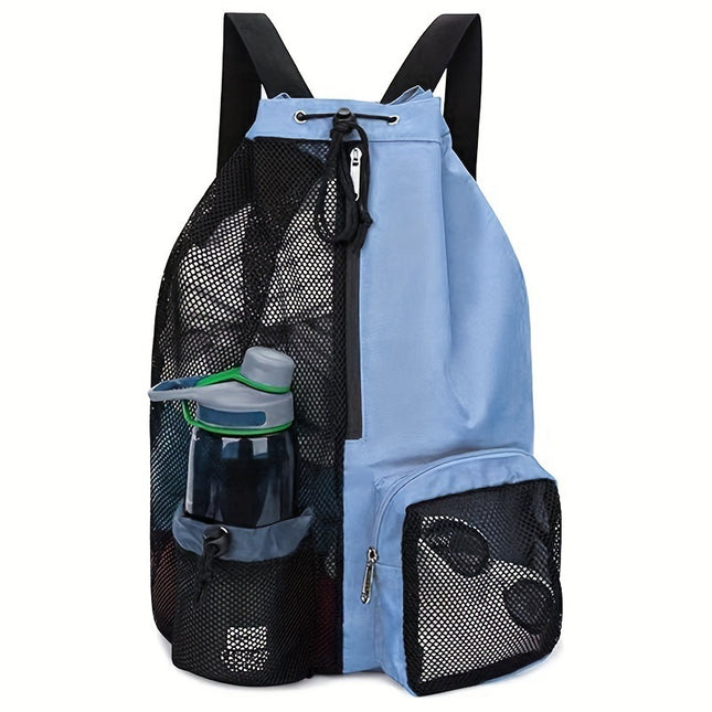 Blue Mesh Drawstring Swim Backpack with Wet Bag