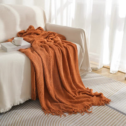 Orange Premium Woven Knitted Throw Blanket with Tassels Soft Cozy Sofa & Bed Blanket Perfect for Office or