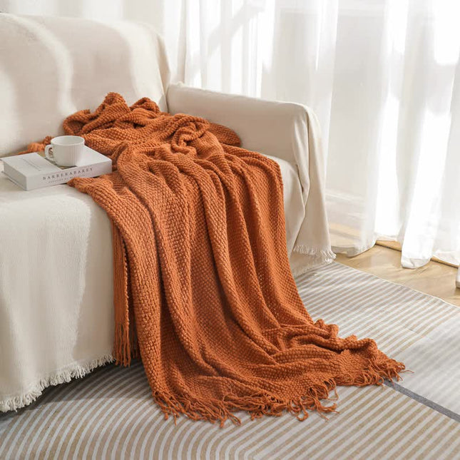 Orange Premium Woven Knitted Throw Blanket with Tassels Soft Cozy Sofa & Bed Blanket Perfect for Office or