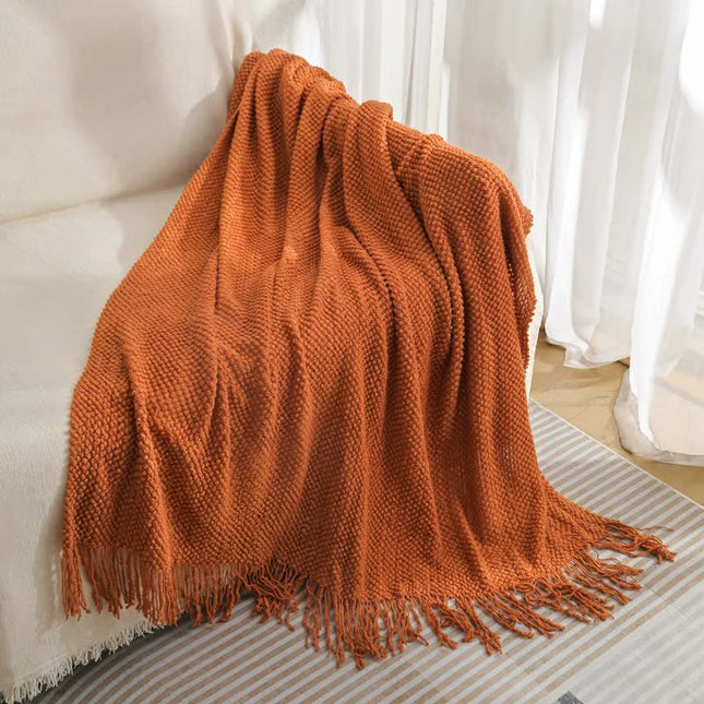 Orange Premium Woven Knitted Throw Blanket with Tassels Soft Cozy Sofa & Bed Blanket Perfect for Office or – product detail