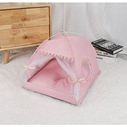 Pink Floral Portable Folding Pet Tent - Summer Cat & Dog Shelter with Mesh Window, Lightweight and Breathable, Ideal for Travel & Home Use 40x40x35CM