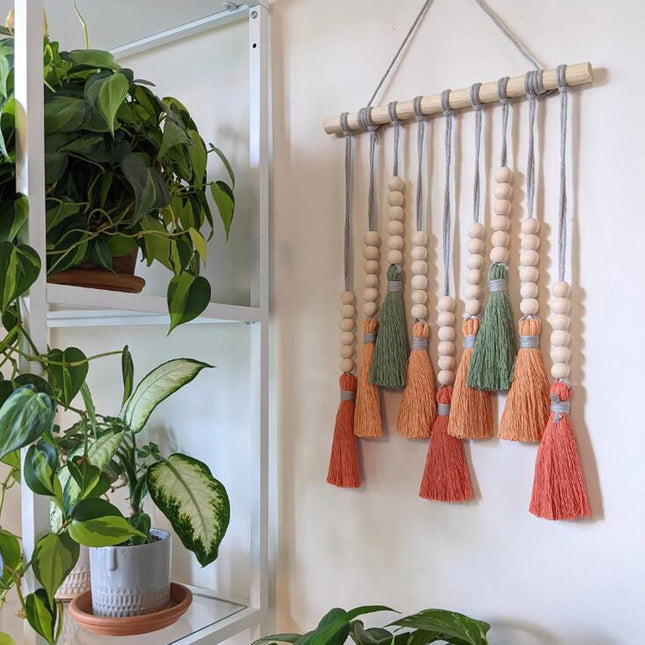 Colorful Tassel Wall Hanging-Wooden Beads Boho Tapestry Home Decor (Daylily red) V888-ELOSUNG20900