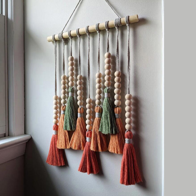 Colorful Tassel Wall Hanging-Wooden Beads Boho Tapestry Home Decor (Daylily red) – product detail