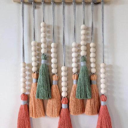 Colorful Tassel Wall Hanging-Wooden Beads Boho Tapestry Home Decor (Daylily red)