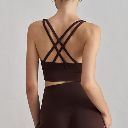 Size S Coffee Cross-Back Yoga Sports Bra for Women – High Support & Shockproof Fitness Bra