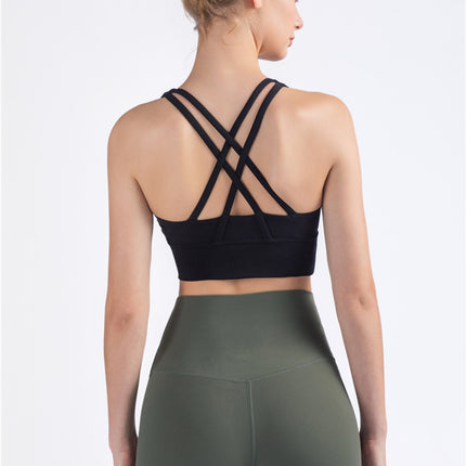 Size M Black Cross-Back Yoga Sports Bra for Women - High Support & Shockproof Fitness Bra