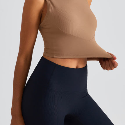 Size 10 Brown Fixed Cup Sports Bra with Cross-Back Design - Seamless Yoga Bra for Women