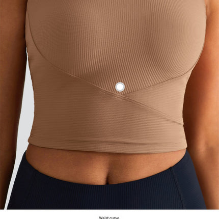 Size 8 Brown Fixed Cup Sports Bra with Cross-Back Design - Seamless Yoga Bra for Women