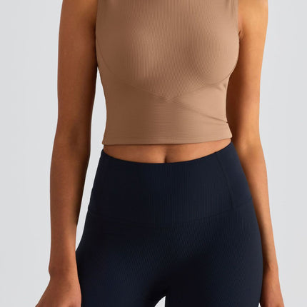 Size 6 Brown Fixed Cup Sports Bra with Cross-Back Design - Seamless Yoga Bra for Women