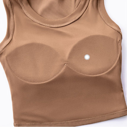 Size 6 Brown Fixed Cup Sports Bra with Cross-Back Design - Seamless Yoga Bra for Women