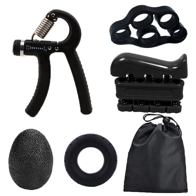 Black 5-Piece Hand Grip Strength Training Set Adjustable Grip Exerciser Silicone Rings &