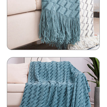 130*180CM White And Grey Modern Knitted Throw Blanket with Tassels - Soft & Lightweight for Sofa, Bed, and Office