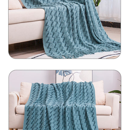 130*230CM Blue Modern Knitted Throw Blanket with Tassels - Soft & Lightweight for Sofa, Bed, and Office