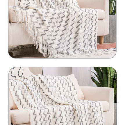 130*230CM White And Grey Modern Knitted Throw Blanket with Tassels - Soft & Lightweight for Sofa, Bed, and Office