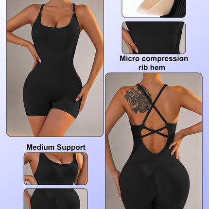 Size XS Black Nylon Seamless Yoga Bodysuit - Women's Athletic Romper, Crisscross Back, Workout Jumpsuit
