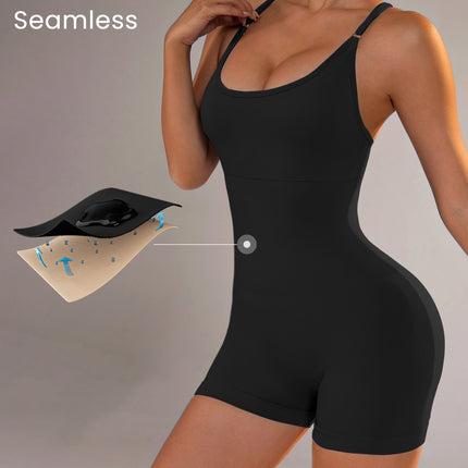 Size S Black Nylon Seamless Yoga Bodysuit - Women's Athletic Romper, Crisscross Back, Workout Jumpsuit