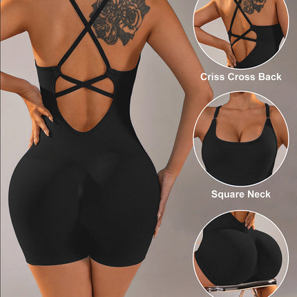 Size M Black Nylon Seamless Yoga Bodysuit - Women's Athletic Romper, Crisscross Back, Workout Jumpsuit