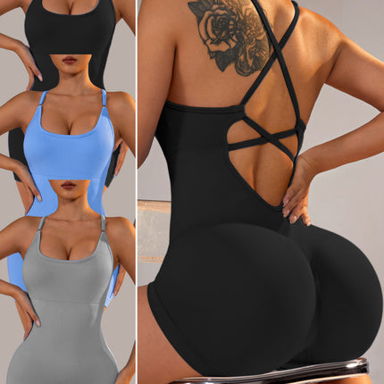 Size M Black Nylon Seamless Yoga Bodysuit - Women's Athletic Romper, Crisscross Back, Workout Jumpsuit