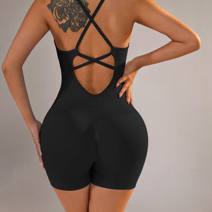 Size M Black Nylon Seamless Yoga Bodysuit - Women's Athletic Romper, Crisscross Back, Workout Jumpsuit
