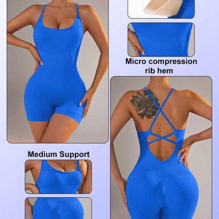 Size L Royal Blue Nylon Seamless Yoga Bodysuit - Women's Athletic Romper, Crisscross Back, Workout Jumpsuit