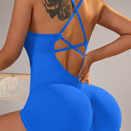 Size M Royal Blue Nylon Seamless Yoga Bodysuit - Women's Athletic Romper, Crisscross Back, Workout Jumpsuit