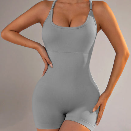 Size XS Light Grey Nylon Seamless Yoga Bodysuit - Women's Athletic Romper, Crisscross Back, Workout Jumpsuit
