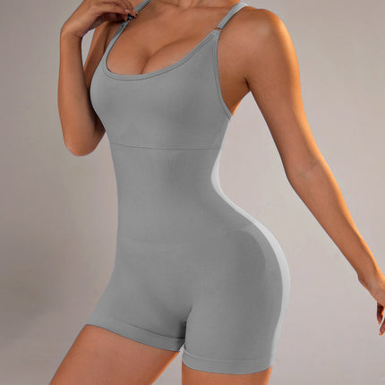 Size S Light Grey Nylon Seamless Yoga Bodysuit - Women's Athletic Romper, Crisscross Back, Workout Jumpsuit