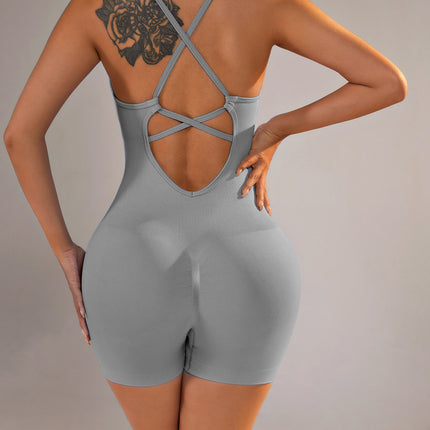 Size L Light Grey Nylon Seamless Yoga Bodysuit - Women's Athletic Romper, Crisscross Back, Workout Jumpsuit
